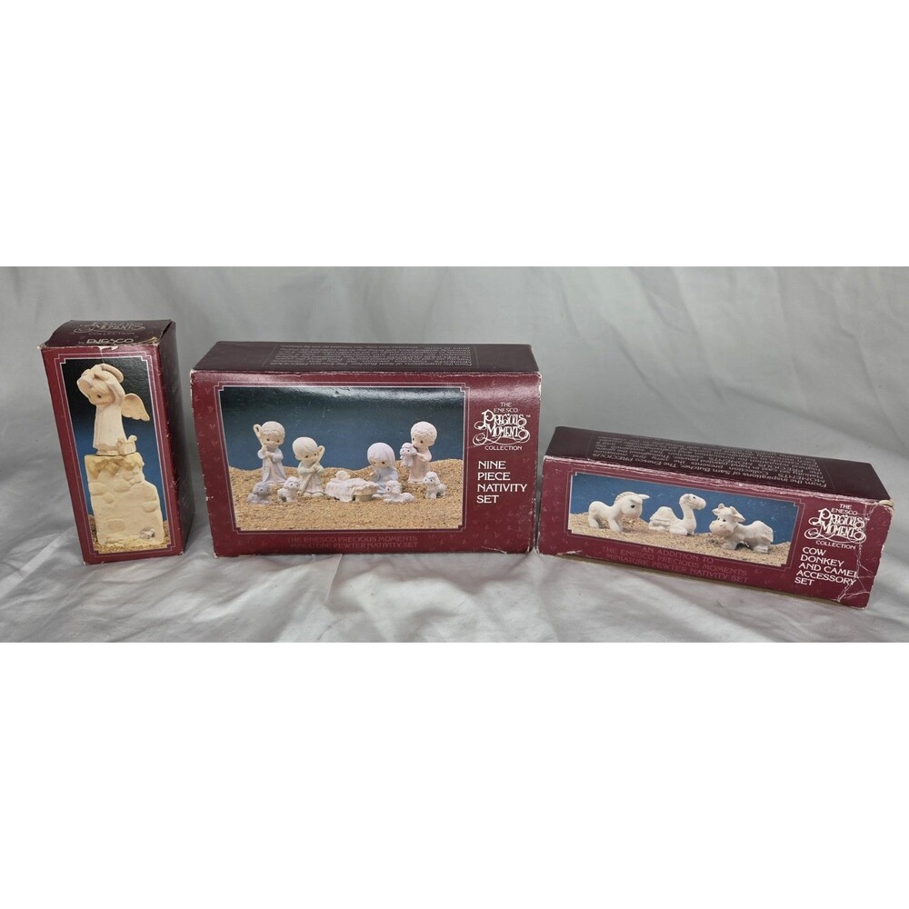 Vtg Precious Moments Miniature Pewter Nativity Lot Of 13pc Set Cow Donkey Camel